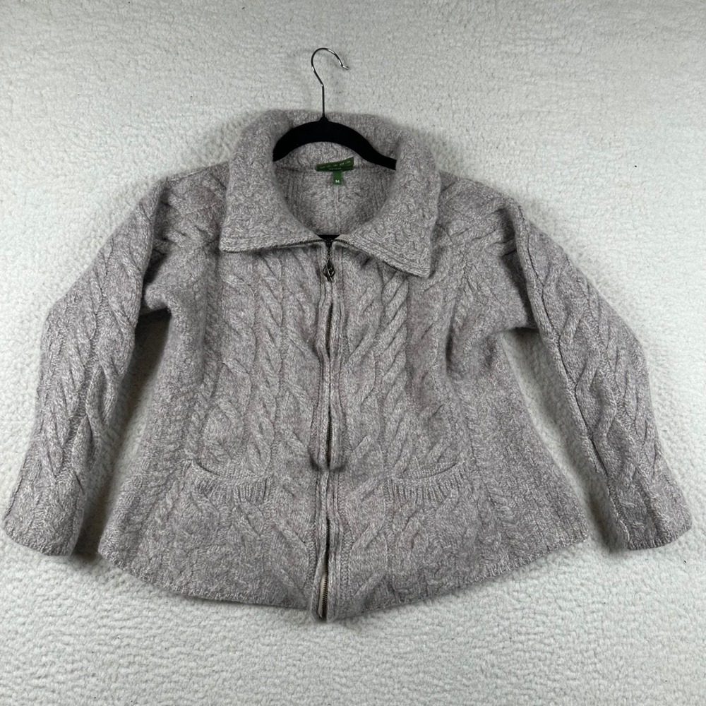 Shannon Woolen Mills Cardigan Merino Wool Cable Knit Zip S Taupe Ireland Cropped